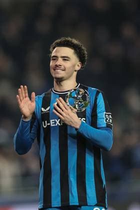 Club s Chemsdine Talbi celebrates after a soccer game between Belgian soccer team Club Brugge KV and Italian club Atalanta Bergamo, on Wednesday 12 February 2025 in Brugge, in the first leg of the Knockout phase play-offs of the UEFA Champions League competition. BRUNOxFAHY  x112327005x