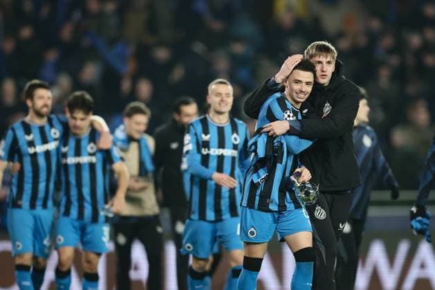 Club s Chemsdine Talbi and Club s Jorne Spileers celebrate after a soccer game between Belgian soccer team Club Brugge KV and Italian club Atalanta Bergamo, on Wednesday 12 February 2025 in Brugge, in the first leg of the Knockout phase play-offs of the UEFA Champions League competition. BRUNOxFAHY  x112327023x