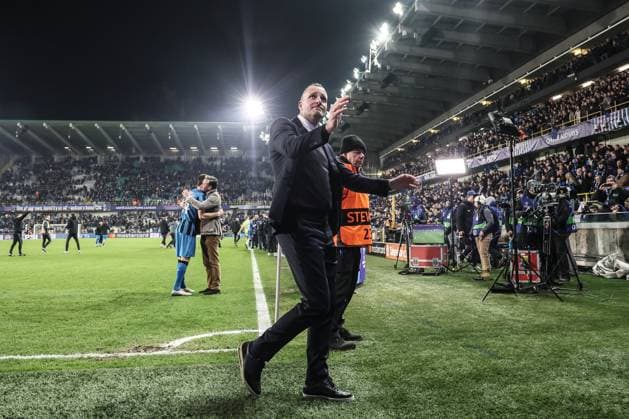 Club s head coach Nicky Hayen celebrates after a soccer game between Belgian soccer team Club Brugge KV and Italian club Atalanta Bergamo, on Wednesday 12 February 2025 in Brugge, in the first leg of the Knockout phase play-offs of the UEFA Champions League competition. BRUNOxFAHY  x112327094x