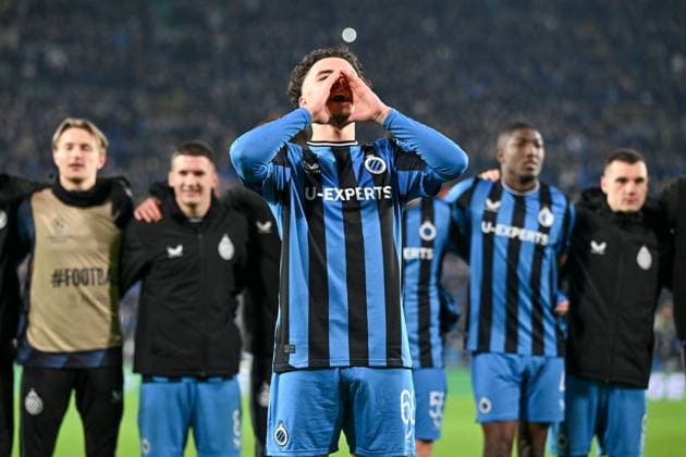 250212 Champions League Knock Out Club Brugge vs Atalanta Chemsdine Talbi (68) of Club Brugge celebrates after winning a soccer game between Belgian Club Brugge KV and Italian Atalanta Bergamo in the UEFA Champions League Knockout phase play-offs leg 1 of the 2024-25 season, on Wednesday 12 February 2025 in Brugge , Belgium . photo Isosport David Catry Brugge Belgium  Copyright: xDavidxCatryx 20250212DC1_2649
