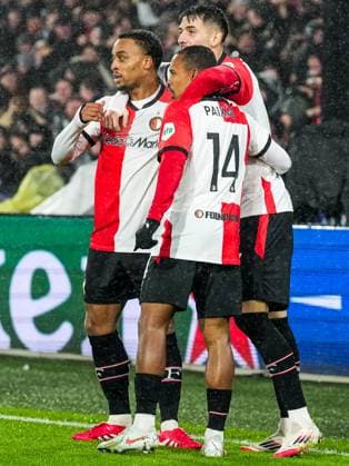 UEFA Champions League: Feyenoord v AC Milan Rotterdam - Quinten Timber of Feyenoord, Igor Paixao of Feyenoord, Jakub Moder of Feyenoord during the 1st leg of the knockout phase play-offs of new format of the Champions League 2024 2025. The match is set between Feyenoord and AC Milan at Stadion Feijenoord De Kuip on 12 February 2025 in Rotterdam, The Netherlands. Copyright: xYannickxVerhoevenx