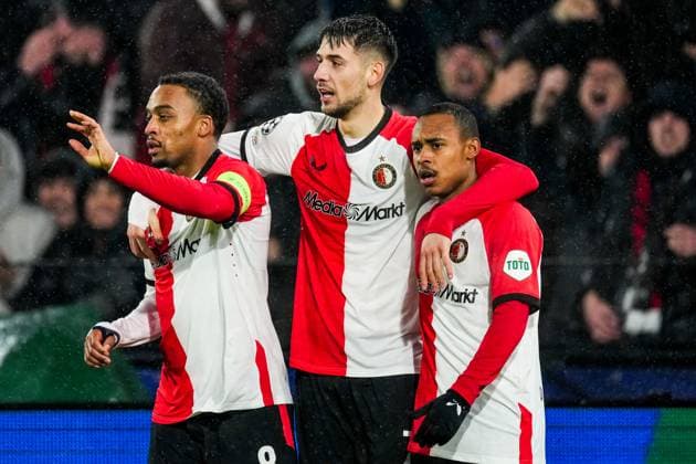 UEFA Champions League: Feyenoord v AC Milan Rotterdam - Quinten Timber of Feyenoord, Jakub Moder of Feyenoord, Igor Paixao of Feyenoord during the 1st leg of the knockout phase play-offs of new format of the Champions League 2024 2025. The match is set between Feyenoord and AC Milan at Stadion Feijenoord De Kuip on 12 February 2025 in Rotterdam, The Netherlands. Copyright: xTomxBodex