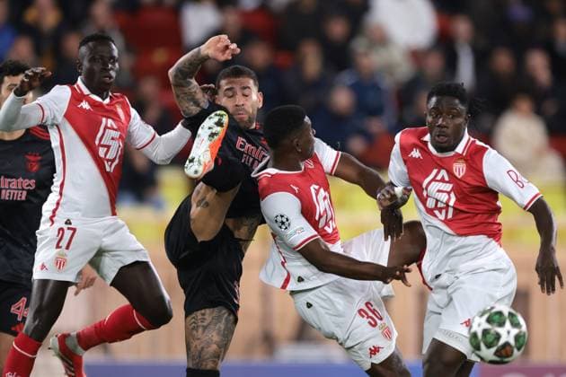 Monaco, Monaco, 12th February 2025. Nicolas Otamendi of SL Benfica clashes with Krepin Diatta, Breel Embolo and Mohammed Salisu of AS Monaco during the UEFA Champions League match at Stade Louis II, Monaco. Picture credit should read: Simon Bellis Sportimage EDITORIAL USE ONLY. No use with unauthorised audio, video, data, fixture lists, club league logos or live services. Online in-match use limited to 120 images, no video emulation. No use in betting, games or single club league player publications. SPI_002_JM_MONACO_BENFICA_UCL_ SPI-3662-0002