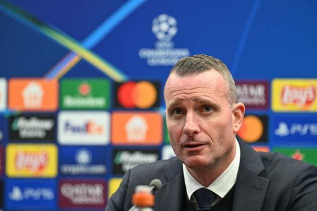 250212 Champions League Knock Out Club Brugge vs Atalanta Head Coach Nicky Hayen of Club Brugge pictured during the post match press conference, PK, Pressekonferenz after a soccer game between Belgian Club Brugge KV and Italian Atalanta Bergamo in the UEFA Champions League Knockout phase play-offs leg 1 of the 2024-25 season, on Wednesday 12 February 2025 in Brugge , Belgium . photo Isosport David Catry Brugge Belgium  Copyright: xDavidxCatryx 20250212DC2_3898