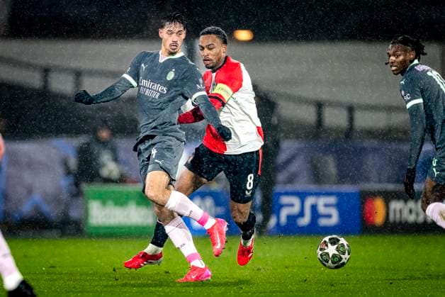 AC Milan midfielder Tijjani Reijnders, Feyenoord Rotterdam midfielder Quinten Timber during the match Feyenoord AC Milan at the Stadium De Kuip for the UEFA Champions League Knockout phase play offs1st leg season 2024 2025 in ROTTERDAM, Netherlands on 12 february 2025, photo by Marcel van Dorst EYE4images DeFodi Images Defodi 746 215367 Defodi-746