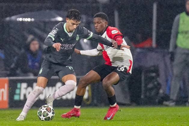 2025-02-12 Feyenoord v AC Milan - UEFA Champions League 2024 25 League Knockout Play-off First Leg ROTTERDAM, NETHERLANDS - FEBRUARY 12: Joao Felix of AC Milan battles for possession with Givairo Read of Feyenoord during the UEFA Champions League 2024 25 League Knockout Play-off First Leg match between Feyenoord and AC Milan at Stadion Feijenoord on February 12, 2025 in Rotterdam, Netherlands. Rotterdam Stadion Feijenoord Netherlands Content not available for redistribution in The Netherlands directly or indirectly through any third parties. Copyright: xJorisxVerwijstx
