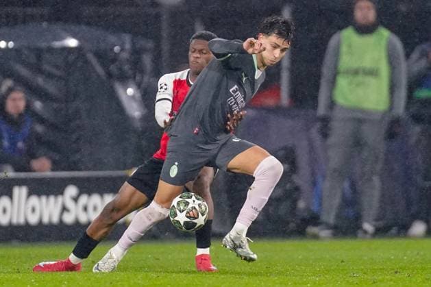 2025-02-12 Feyenoord v AC Milan - UEFA Champions League 2024 25 League Knockout Play-off First Leg ROTTERDAM, NETHERLANDS - FEBRUARY 12: Joao Felix of AC Milan battles for possession with Givairo Read of Feyenoord during the UEFA Champions League 2024 25 League Knockout Play-off First Leg match between Feyenoord and AC Milan at Stadion Feijenoord on February 12, 2025 in Rotterdam, Netherlands. Rotterdam Stadion Feijenoord Netherlands Content not available for redistribution in The Netherlands directly or indirectly through any third parties. Copyright: xJorisxVerwijstx