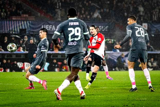 Feyenoord Rotterdam forwarder Anis Hadj Moussa during the match Feyenoord AC Milan at the Stadium De Kuip for the UEFA Champions League Knockout phase play offs1st leg season 2024 2025 in ROTTERDAM, Netherlands on 12 february 2025, photo by Marcel van Dorst EYE4images DeFodi Images Defodi 746 215379 Defodi-746
