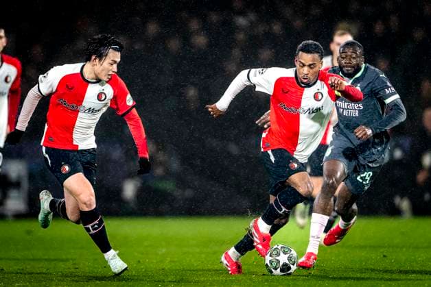 Feyenoord Rotterdam midfielder Quinten Timber, AC Milan midfielder Youssouf Fofane during the match Feyenoord AC Milan at the Stadium De Kuip for the UEFA Champions League Knockout phase play offs1st leg season 2024 2025 in ROTTERDAM, Netherlands on 12 february 2025, photo by Marcel van Dorst EYE4images DeFodi Images Defodi 746 215383 Defodi-746