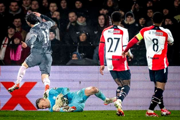 Feyenoord Rotterdam goalkeeper Timon Wellenreuther, AC Milan forwarder Chrstian Pulisic during the match Feyenoord AC Milan at the Stadium De Kuip for the UEFA Champions League Knockout phase play offs1st leg season 2024 2025 in ROTTERDAM, Netherlands on 12 february 2025, photo by Marcel van Dorst EYE4images DeFodi Images Defodi 746 215389 Defodi-746