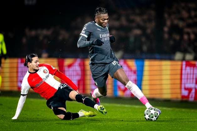 Feyenoord Rotterdam forwarder Anis Hadj Moussa, AC Milan forwarder Rafael Leao during the match Feyenoord AC Milan at the Stadium De Kuip for the UEFA Champions League Knockout phase play offs1st leg season 2024 2025 in ROTTERDAM, Netherlands on 12 february 2025, photo by Marcel van Dorst EYE4images DeFodi Images Defodi 746 215400 Defodi-746
