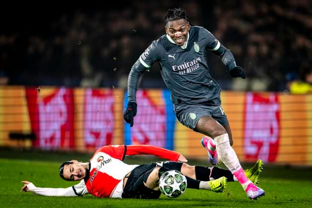 Feyenoord Rotterdam forwarder Anis Hadj Moussa, AC Milan forwarder Rafael Leao during the match Feyenoord AC Milan at the Stadium De Kuip for the UEFA Champions League Knockout phase play offs1st leg season 2024 2025 in ROTTERDAM, Netherlands on 12 february 2025, photo by Marcel van Dorst EYE4images DeFodi Images Defodi 746 215403 Defodi-746