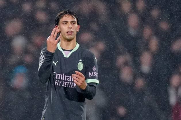 2025-02-12 Feyenoord v AC Milan - UEFA Champions League 2024 25 League Knockout Play-off First Leg ROTTERDAM, NETHERLANDS - FEBRUARY 12: Joao Felix of AC Milan gestures during the UEFA Champions League 2024 25 League Knockout Play-off First Leg match between Feyenoord and AC Milan at Stadion Feijenoord on February 12, 2025 in Rotterdam, Netherlands. Rotterdam Stadion Feijenoord Netherlands Content not available for redistribution in The Netherlands directly or indirectly through any third parties. Copyright: xJorisxVerwijstx