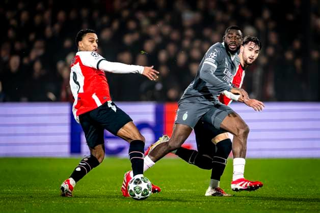 Feyenoord Rotterdam midfielder Quinten Timber, AC Milan midfielder Youssouf Fofane, Feyenoord Rotterdam forwarder Julian Carranza during the match Feyenoord AC Milan at the Stadium De Kuip for the UEFA Champions League Knockout phase play offs1st leg season 2024 2025 in ROTTERDAM, Netherlands on 12 february 2025, photo by Marcel van Dorst EYE4images DeFodi Images Defodi 746 215413 Defodi-746