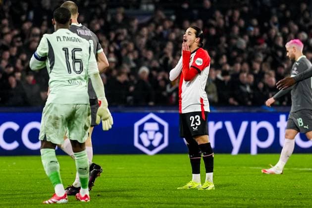 UEFA Champions League: Feyenoord v AC Milan Rotterdam - Anis Hadj Moussa of Feyenoord during the 1st leg of the knockout phase play-offs of new format of the Champions League 2024 2025. The match is set between Feyenoord and AC Milan at Stadion Feijenoord De Kuip on 12 February 2025 in Rotterdam, The Netherlands. Copyright: xTomxBodex