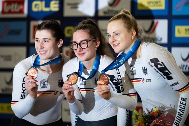 Track Cycling, UEC EUROPEAN CHAMPIONSHIPS, Women s Team Sprint, 12 02 2025 3rd place for Team Germany FRIEDRICH Lea Sophie, GRABOSCH Pauline Sophie SCHNEIDER Clara all GER Heusden Zolder Copyright: xMarcelxHilgerx