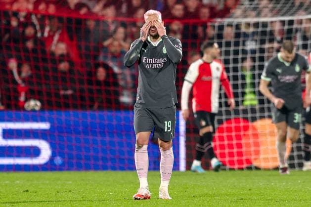 2025-02-12 Feyenoord v AC Milan - UEFA Champions League 2024 25 League Knockout Play-off First Leg ROTTERDAM, NETHERLANDS - FEBRUARY 12: Theo Hernandez of AC Milan looks dejected during the UEFA Champions League 2024 25 League Knockout Play-off First Leg match between Feyenoord and AC Milan at Stadion Feijenoord on February 12, 2025 in Rotterdam, Netherlands. Rotterdam Stadion Feijenoord Netherlands Content not available for redistribution in The Netherlands directly or indirectly through any third parties. Copyright: xPieterxvanxderxWoudex