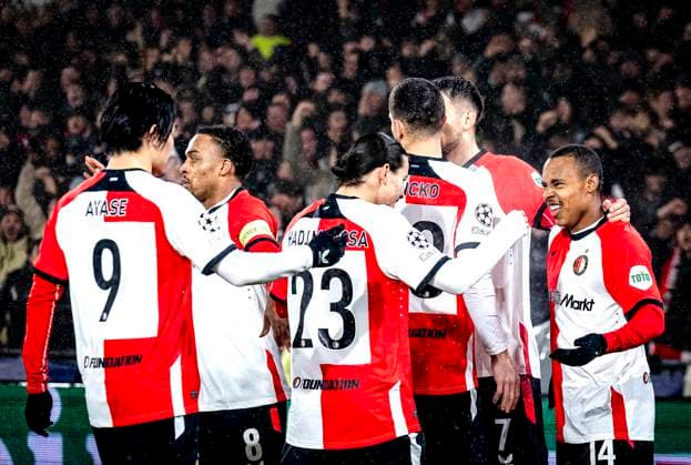 Feyenoord Rotterdam forwarder Igor Paixao celebrating the goal during the match Feyenoord AC Milan at the Stadium De Kuip for the UEFA Champions League Knockout phase play offs1st leg season 2024 2025 in ROTTERDAM, Netherlands on 12 february 2025, photo by Marcel van Dorst EYE4images DeFodi Images Defodi 746 215447 Defodi-746