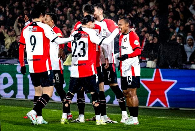 Feyenoord Rotterdam forwarder Igor Paixao celebrating the goal during the match Feyenoord AC Milan at the Stadium De Kuip for the UEFA Champions League Knockout phase play offs1st leg season 2024 2025 in ROTTERDAM, Netherlands on 12 february 2025, photo by Marcel van Dorst EYE4images DeFodi Images Defodi 746 215449 Defodi-746