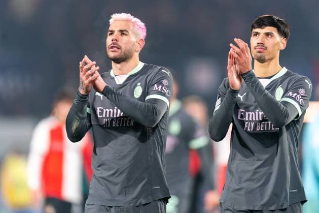 2025-02-12 Feyenoord v AC Milan - UEFA Champions League 2024 25 League Knockout Play-off First Leg ROTTERDAM, NETHERLANDS - FEBRUARY 12: Theo Hernandez of AC Milan and Tijjani Reijnders of AC Milan applauds for the fans after the UEFA Champions League 2024 25 League Knockout Play-off First Leg match between Feyenoord and AC Milan at Stadion Feijenoord on February 12, 2025 in Rotterdam, Netherlands. Rotterdam Stadion Feijenoord Netherlands Content not available for redistribution in The Netherlands directly or indirectly through any third parties. Copyright: xJorisxVerwijstx