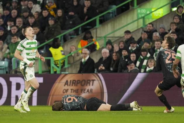 Harry Kane of Bayern Munich lying on the ground after collision in the air with Alistair Johnston of Celtic Park Celtic v Bayern Munich, UEFA Champions League, Knockout Round Play-offs, First Leg, Football, Celtic Park, Glasgow, UK - 12 Feb 2025 EDITORIAL USE ONLY No use with unauthorised audio, video, data, fixture lists, club league logos or live services. Online in-match use limited to 120 images, no video emulation. No use in betting, games or single club league player publications.  Copyright: xStuartxWallace Shutterstockx 15136907fj