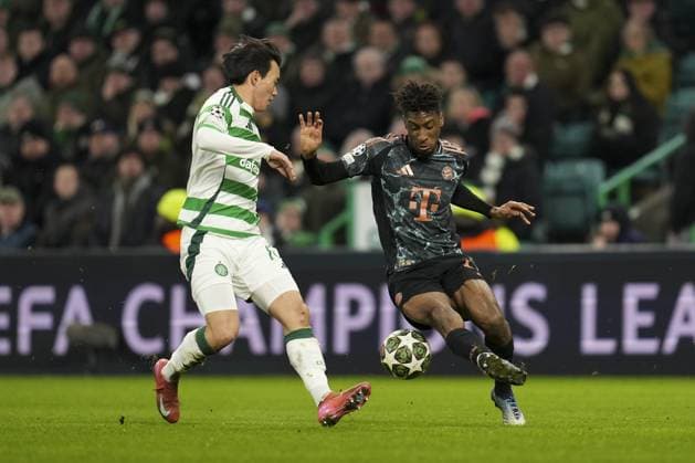 Kingsley Coman of Bayern Munich under pressure from Hyunjun Yang of Celtic Park Celtic v Bayern Munich, UEFA Champions League, Knockout Round Play-offs, First Leg, Football, Celtic Park, Glasgow, UK - 12 Feb 2025 EDITORIAL USE ONLY No use with unauthorised audio, video, data, fixture lists, club league logos or live services. Online in-match use limited to 120 images, no video emulation. No use in betting, games or single club league player publications.  Copyright: xStuartxWallace Shutterstockx 15136907gv