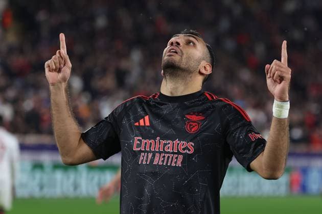 Monaco on February 12, 2025 Uefa Champions League Knockout phase play-offs, 1st leg AS Monaco - SL Benfica, Vangelis Pavlidis (S.L.Benfica) Torjubel, Goal celebration, celebrate the goal Copyright: JoaquimxFerreira
