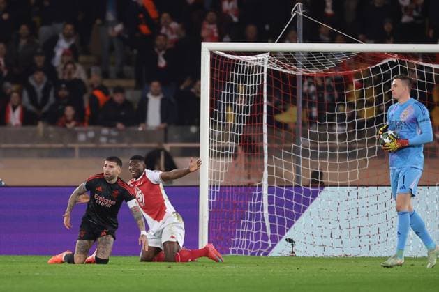 Monaco, Monaco, 12th February 2025. Anatoliy Trubin of SL Benfica looks on as Breel Embolo of AS Monaco appeals for a penalty following a clash with Nicolas Otamendi of SL Benfica during the UEFA Champions League match at Stade Louis II, Monaco. Picture credit should read: Simon Bellis Sportimage EDITORIAL USE ONLY. No use with unauthorised audio, video, data, fixture lists, club league logos or live services. Online in-match use limited to 120 images, no video emulation. No use in betting, games or single club league player publications. SPI_039_JM_MONACO_BENFICA_UCL_ SPI-3662-0039