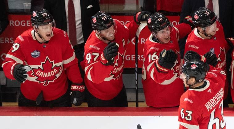 February 12, 2025, Montreal, Pq, CANADA: Canada forward Brad Marchand (63) celebrates his goal over Sweden with teammates during first period 4 Nations Face-Off hockey action in Montreal on Wednesday, Feb. 12, 2025. Canada News - February 12, 2025  - ZUMAc35_ 20250212_zaf_c35_106 Copyright: xChristinnexMuschix