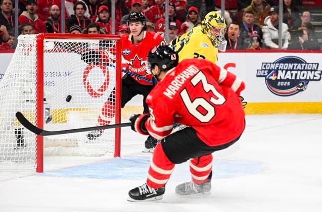 February 12, 2025, Montreal, Pq, Canada: Canada s Brad Marchand (63) scores against Sweden goaltender Filip Gustavsson during first period 4 Nations Face-Off hockey action in Montreal, Wednesday, February 12, 2025. Filip Gustavsson, Brad Marchand,  - ZUMAc35_ 20250212_zaf_c35_111 Copyright: xGrahamxHughesx