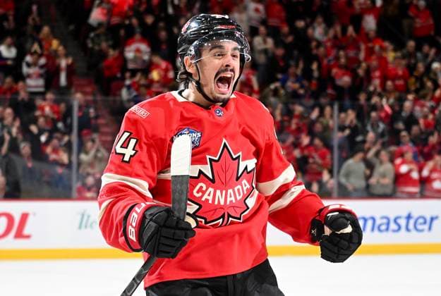 February 12, 2025, Montreal, Pq, Canada: Canada s Seth Jarvis (24) reacts to a goal by teammate Brad Marchand (not shown) against Sweden during first period 4 Nations Face-Off hockey action in Montreal, Wednesday, February 12, 2025. Seth Jarvis,  - ZUMAc35_ 20250212_zaf_c35_112 Copyright: xGrahamxHughesx