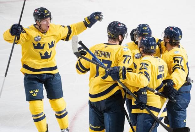 February 12, 2025, Montreal, Pq, CANADA: Sweden defenceman Jonas Brodin (25) celebrates his goal over Canada with teammates during second period 4 Nations Face-Off hockey action in Montreal on Wednesday, Feb. 12, 2025. Canada News - February 12, 2025  - ZUMAc35_ 20250212_zaf_c35_136 Copyright: xChristinnexMuschix