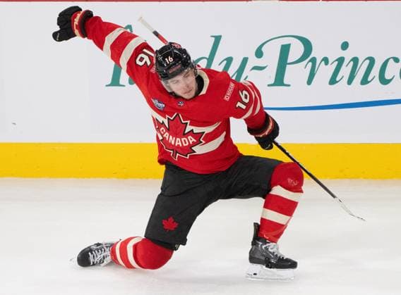February 12, 2025, Montreal, Pq, CANADA: Canada forward Mitch Marner (16) celebrates his game-winning goal during overtime 4 Nations Face-Off hockey action against Sweden in Montreal on Wednesday, Feb. 12, 2025. Canada News - February 12, 2025  - ZUMAc35_ 20250212_zaf_c35_139 Copyright: xChristinnexMuschix