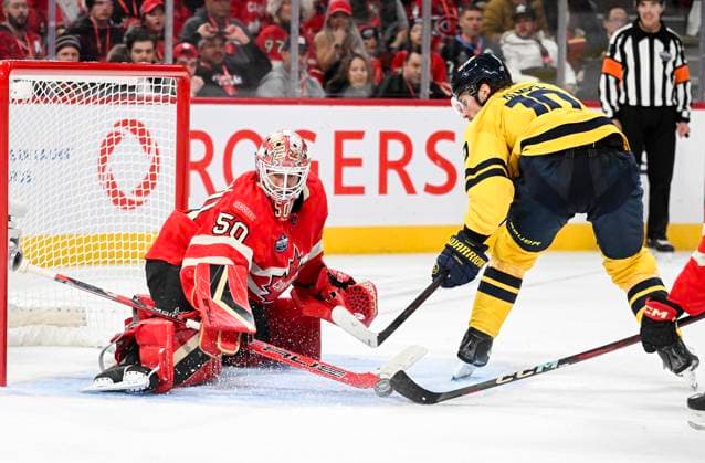 February 12, 2025, Montreal, Pq, Canada: Canada goaltender Jordan Binnington (50) stops Sweden s Adrian Kempe (10) during overtime period 4 Nations Face-Off hockey action in Montreal, Wednesday, February 12, 2025. Adrian Kempe, Jordan Binnington,  - ZUMAc35_ 20250212_zaf_c35_143 Copyright: xGrahamxHughesx