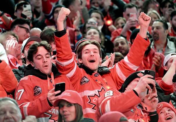 February 12, 2025, Montreal, Pq, Canada: Fans react to Canada s win over Sweden in a 4 Nations Face-Off hockey game in Montreal, Wednesday, February 12, 2025. 4 Nations Hockey,  - ZUMAc35_ 20250212_zaf_c35_148 Copyright: xGrahamxHughesx