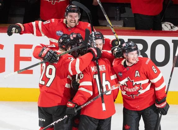February 12, 2025, Montreal, Pq, CANADA: Canada forward Mitch Marner (16) celebrates his game-winning goal over Sweden with teammates during overtime 4 Nations Face-Off hockey action in Montreal on Wednesday, Feb. 12, 2025. Canada News - February 12, 2025  - ZUMAc35_ 20250212_zaf_c35_145 Copyright: xChristinnexMuschix