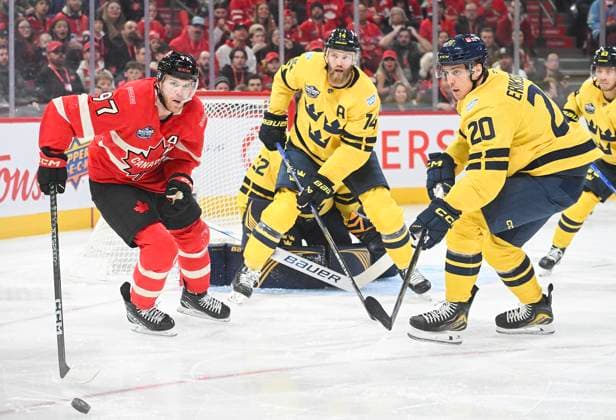 February 12, 2025, Montreal, Pq, Canada: Canada s Connor McDavid (97) and Sweden goaltender Filip Gustavsson, Mattias Ekholm (14) and Joel Eriksson Ek (20) watch the puck during first period 4 Nations Face-Off hockey action in Montreal, Wednesday, February 12, 2025. Connor McDavid,  - ZUMAc35_ 20250212_zaf_c35_156 Copyright: xGrahamxHughesx