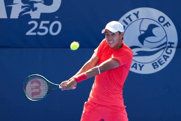 February, 12- Delray Beach, FL: Learner Tien(USA) in action here during the 2025 Delray Beach Open held at the Delray Beach Tennis Center in Delray Beach Florida. Copyright: xAndrewxPatronx xMediaPunchx