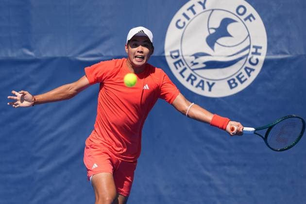 February, 12- Delray Beach, FL: Learner Tien(USA) in action here during the 2025 Delray Beach Open held at the Delray Beach Tennis Center in Delray Beach Florida. Copyright: xAndrewxPatronx xMediaPunchx