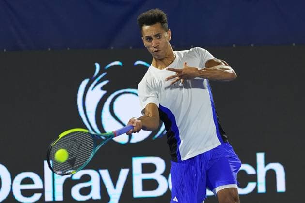 February, 12- Delray Beach, FL: Michael Mmoh(USA) in action here during the 2025 Delray Beach Open held at the Delray Beach Tennis Center in Delray Beach Florida. Copyright: xAndrewxPatronx