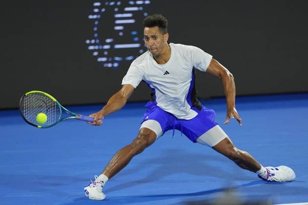 February, 12- Delray Beach, FL: Michael Mmoh(USA) in action here during the 2025 Delray Beach Open held at the Delray Beach Tennis Center in Delray Beach Florida. Copyright: xAndrewxPatronx