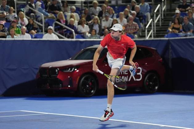 February, 12- Delray Beach, FL: Alex Michelsen(USA)in action here during the 2025 Delray Beach Open held at the Delray Beach Tennis Center in Delray Beach Florida. Copyright: xAndrewxPatronx