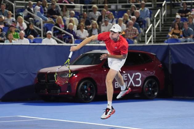 February, 12- Delray Beach, FL: Alex Michelsen(USA)in action here during the 2025 Delray Beach Open held at the Delray Beach Tennis Center in Delray Beach Florida. Copyright: xAndrewxPatronx