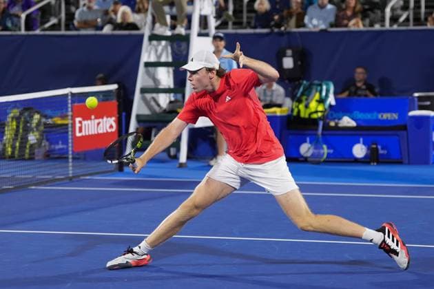 February, 12- Delray Beach, FL: Alex Michelsen(USA)in action here during the 2025 Delray Beach Open held at the Delray Beach Tennis Center in Delray Beach Florida. Copyright: xAndrewxPatronx