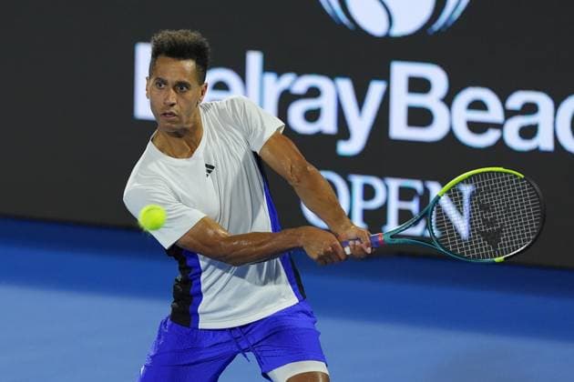 February, 12- Delray Beach, FL: Michael Mmoh(USA) in action here during the 2025 Delray Beach Open held at the Delray Beach Tennis Center in Delray Beach Florida. Copyright: xAndrewxPatronx