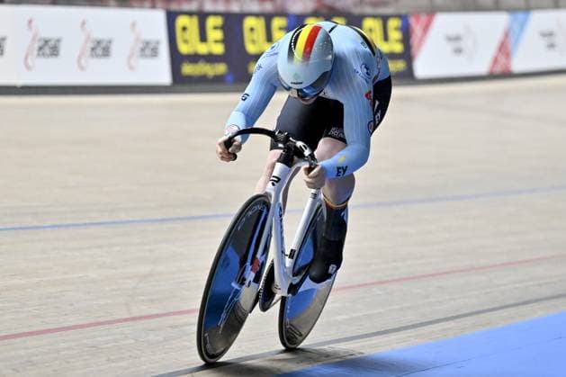 Belgian Wannes Magdelijns pictured in action during the men s 1Km time trial qualifying race at the 2025 UEC Track Elite European Championships, in Heusden-Zolder, Belgium, Thursday 13 February 2025. The European Championships take place from 12 to 16 February. DIRKxWAEM  x112362117x