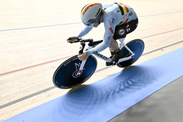 Belgian Wannes Magdelijns pictured in action during the men s 1Km time trial qualifying race at the 2025 UEC Track Elite European Championships, in Heusden-Zolder, Belgium, Thursday 13 February 2025. The European Championships take place from 12 to 16 February. DIRKxWAEM  x112362122x