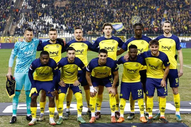 Fußball, EL, Royale Union Saint-Gilloise - Ajax Amsterdam BRUSSELS, 13-02-2025, King Boudewijn Stadium, Europa League match first leg between Union Saint Gilloise and Ajax. Teamphoto of Union Saint Gilloise , Union Saint-Gilloise goalkeeper Anthony Moris , Union Saint-Gilloise player Kevin Mac Allister , Union Saint-Gilloise player Franjo Ivanovic. , Union Saint-Gilloise player Anouar Ait El Hadj , Union Saint-Gilloise player Promise David , Union Saint-Gilloise player Christian Burgess , Union Saint-Gilloise player Ousseynou Niang , Union Saint-Gilloise player Charles Vanhoutte , Union Saint-Gilloise player Anan Khalaili , Union Saint-Gilloise player Noah Sadiki , Union Saint-Gilloise player Fedde Leysen Union Saint Gilloise - Ajax  x27844242x Copyright: