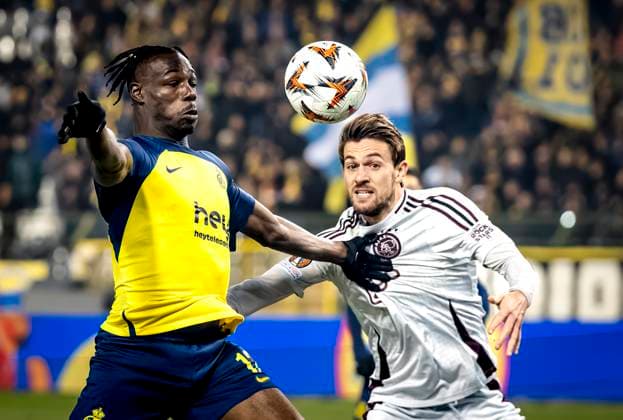 Union Saint Gilloise forwarder Promise David, AFC Ajax Amsterdam defender Daniele Rugani during the match Union SG Ajax at the King Baudouin Stadium for the UEFA Europa League Knockout phase play offs 1st leg season 2024 2025 in BRUSSELS, Belgium on 13 february 2025, photo by Marcel van Dorst EYE4images DeFodi Images Defodi 746 215691 Defodi-746