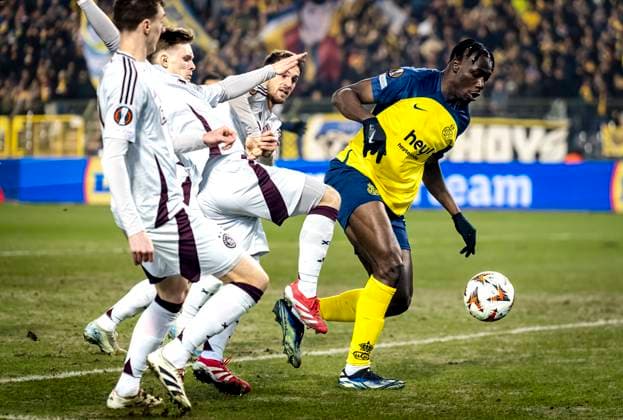 Fußball, EL, Royale Union Saint-Gilloise - Ajax Amsterdam Union Saint-Gilloise forwarder Promise David during the match Union SG - Ajax at the King Baudouin Stadium for the UEFA Europa League - Knockout phase play-offs - 1st leg season 2024-2025 in BRUSSELS, Belgium on 13 february 2025, (photo by Marcel van Dorst EYE4images DeFodi Images) Defodi-746_215694 Defodi-746